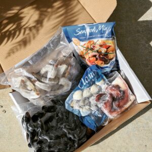 Frozen shrimp, seafood mix, clams, mussels, octopus tentacles